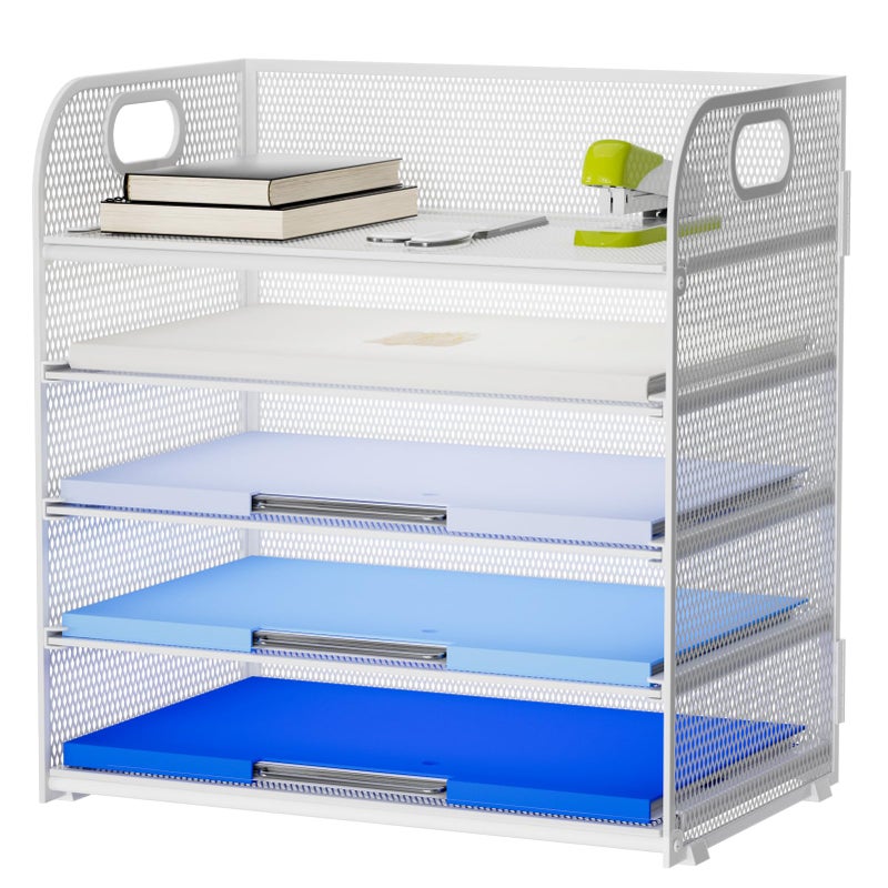 Marbrasse Paper Organizer Letter Tray 5 Tier Mesh File Organizer with Handle Paper Sorter Desk Organizer for Home Office Supplies  White