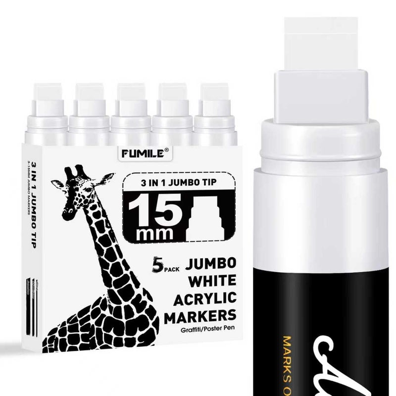 FUMILE 5 Pcs White Jumbo Poster Marker,15mm Wide Tip Thick Acrylic Paint Pen Paint Markers,White Graffiti Markers for Poster,Glass,Rock Painting,Ceramic,Wood,Murals and Canvas - Image 1