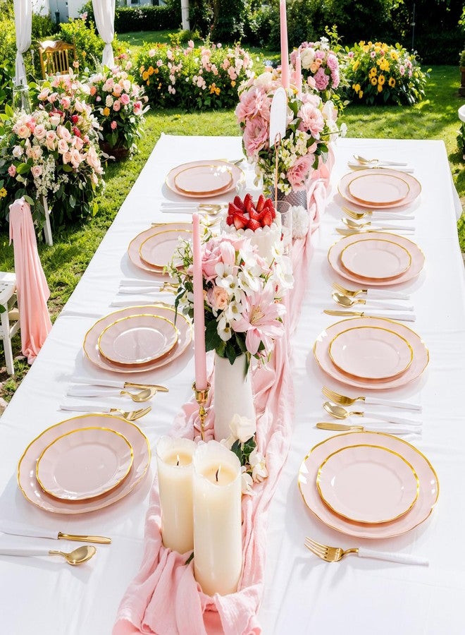 supernal 60pcs Pink and Gold Plastic Plates Fancy Elegant Disposable Scalloped Plastic Plates Heavy Duty Disposable Dinnerware Set for Parties, Bridal Shower,Weddings & Birthdays - Image 2