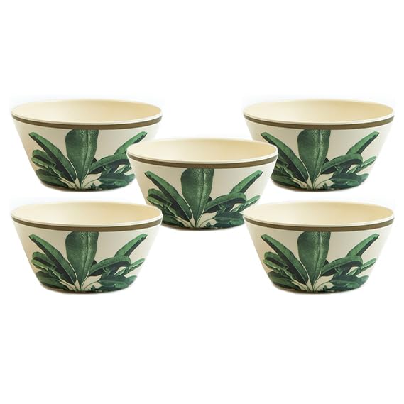 TRULY ECO SMART LIVING RETAIL Truly Eco Dinner Set - Bamboo Bowl Set - Non Toxic Reusable Dishwasher Safe Dinnerware Set, Eco-Friendly Biodegradable Crockery Set for Dining - Green Leaves Large Bowl 680ml (Set of 5) - Image 1