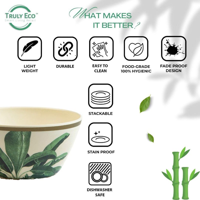 TRULY ECO SMART LIVING RETAIL Truly Eco Dinner Set - Bamboo Bowl Set - Non Toxic Reusable Dishwasher Safe Dinnerware Set, Eco-Friendly Biodegradable Crockery Set for Dining - Green Leaves Large Bowl 680ml (Set of 5) - Image 3