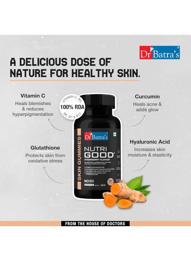 دكتور باترا Nutrigood Skin Gummies من Dr Batra’s – لتعزيز الكولاجين مع الجلوتاثيون، وفيتامين C، وحمض الهيالورونيك؛ لبشرة خالية من التجاعيد، نضرة، ونابضة بالحيوية والشباب | بنكهة الفراولة | 30 قطعة قابلة للمضغ (125 غرام) - Image 2