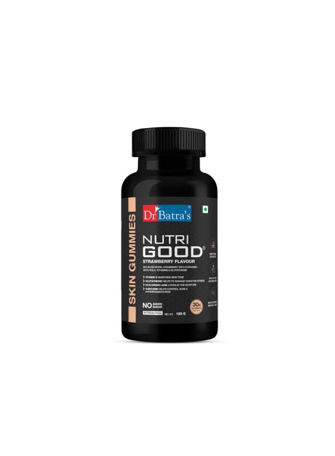 دكتور باترا Nutrigood Skin Gummies من Dr Batra’s – لتعزيز الكولاجين مع الجلوتاثيون، وفيتامين C، وحمض الهيالورونيك؛ لبشرة خالية من التجاعيد، نضرة، ونابضة بالحيوية والشباب | بنكهة الفراولة | 30 قطعة قابلة للمضغ (125 غرام) - Image 1