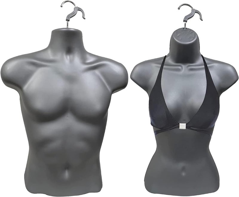 DisplayTown Gray Male + Gray Female Mannequin Injection Forms Half Rounded Waist Body Torso Dress Form with Only Hanging Hook, S-M Sizes - Image 1