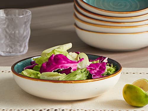 ONEMORE Porcelain Salad Pasta Bowls 30 Ounce, Set of 6 Ceramic Salad Dinner plates Bowls, Shallow & Wide Serving Bowls for Soup, Dessert, Pizza. Microwave & Dishwasher Safe Kitchen Dinnerware, Teal - Image 4