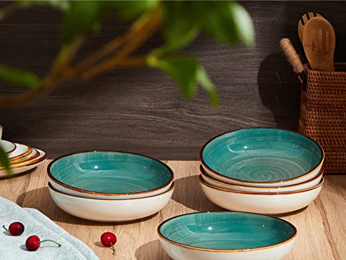 ONEMORE Porcelain Salad Pasta Bowls 30 Ounce, Set of 6 Ceramic Salad Dinner plates Bowls, Shallow & Wide Serving Bowls for Soup, Dessert, Pizza. Microwave & Dishwasher Safe Kitchen Dinnerware, Teal - Image 2