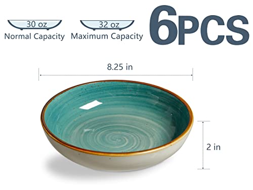 ONEMORE Porcelain Salad Pasta Bowls 30 Ounce, Set of 6 Ceramic Salad Dinner plates Bowls, Shallow & Wide Serving Bowls for Soup, Dessert, Pizza. Microwave & Dishwasher Safe Kitchen Dinnerware, Teal - Image 5