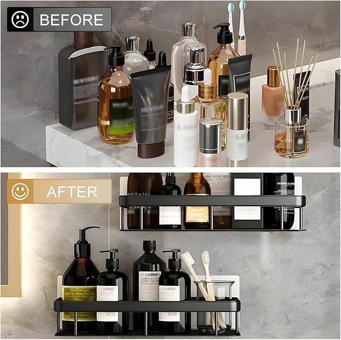 2 PCS Aluminum Wall Mounted Bathroom Organiser, Floating Shelf for Wall for Bathroom Cabinet Multifunctional Large Capacity Bathroom Rack, Bathroom Shelf for Wall (Black)  - Image 5