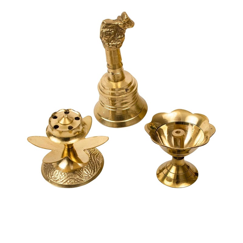 Spillbox Traditional Brass Nandi Bell Ghanti Combo of Incense Stick Holder Agarbatti Dhoop and Brass Diya for PujaSMDPBD