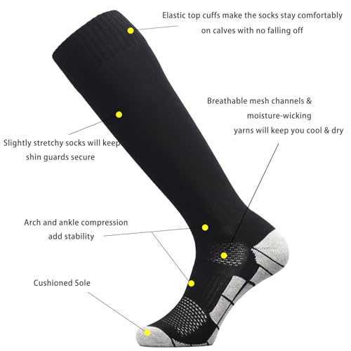 CWVLC Men's Soccer Socks 1 Pairs, Football Sport, Baseball Softball Team Athletic Socks, Knee High Long Tube Cotton Arch Ankle Compression Socks, Black, X-Large - Image 4