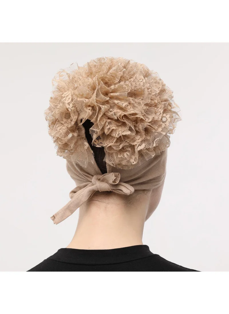 Sensu Stitched at the Front, Tied at the Back, Bun, Lace, Frill, Hijab Bonnet