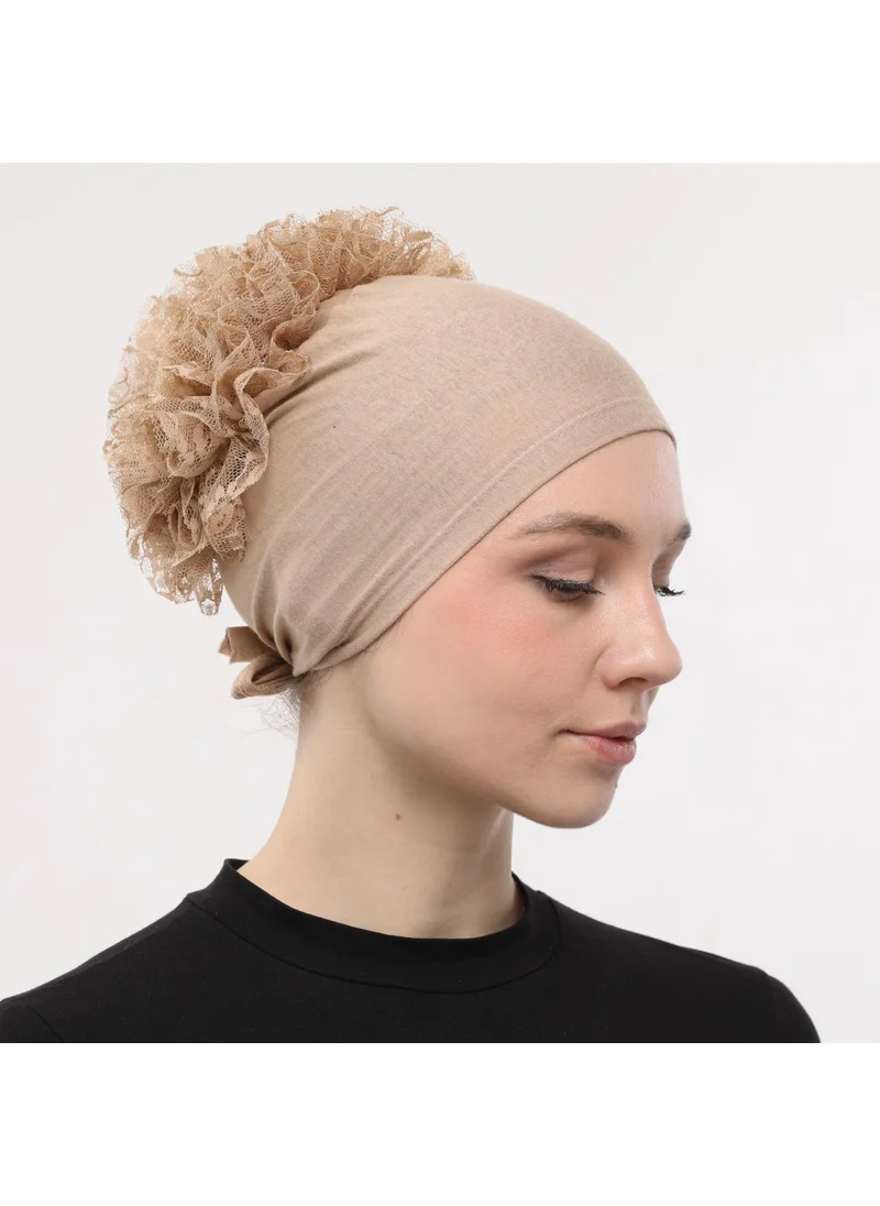 Sensu Stitched at the Front, Tied at the Back, Bun, Lace, Frill, Hijab Bonnet