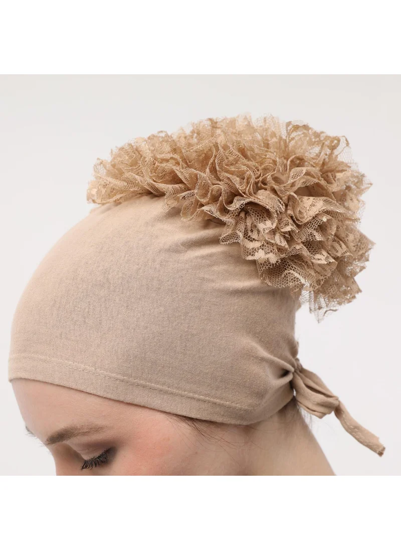 Sensu Stitched at the Front, Tied at the Back, Bun, Lace, Frill, Hijab Bonnet