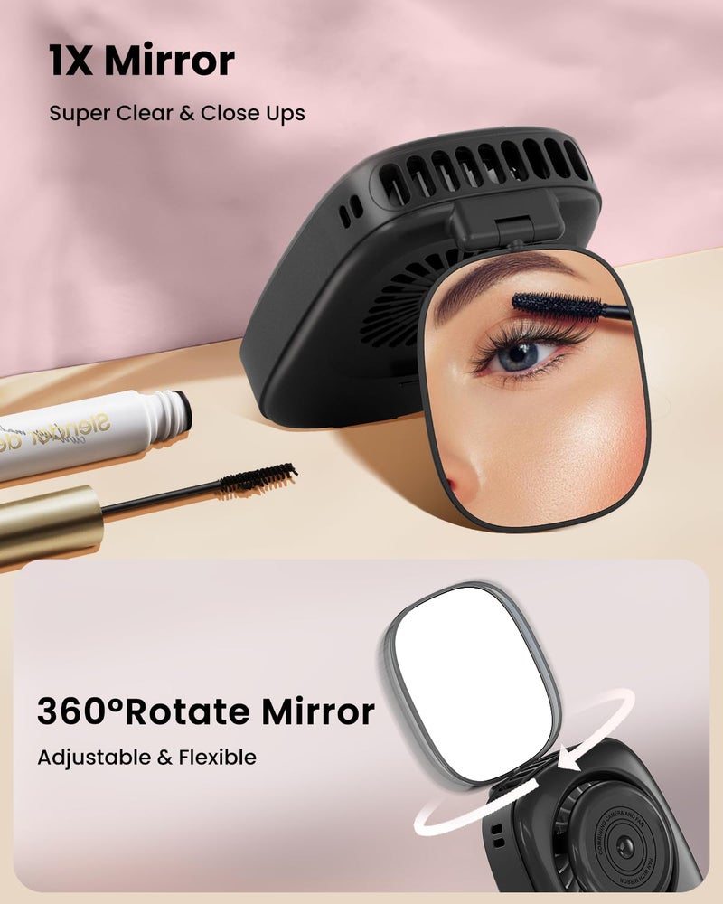 Gaiatop Mini Neck Fan, Rechargeable Handheld Desk Use, LED Power Display 3 Speed 360Â°Rotate Mirror for Lash Makeup, Cute Camera Design Small Portable USB Fans Personal Cooling Travel Essentials - Image 3