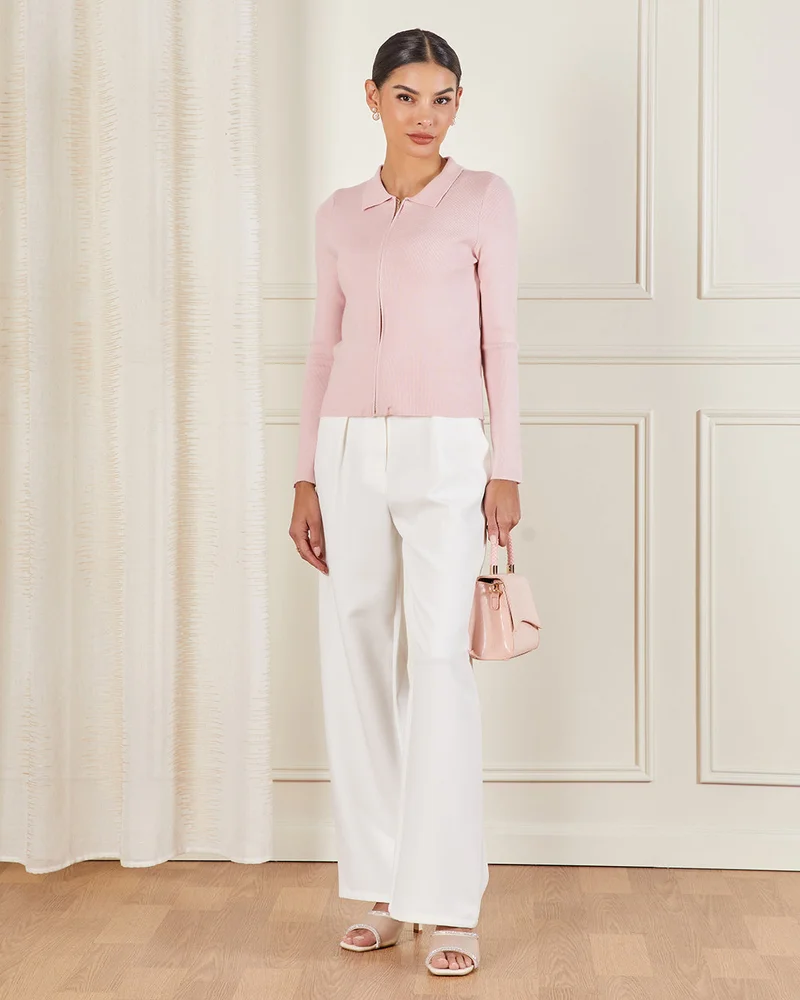 ردتاغ Women Pink Collared Zipper Front Top