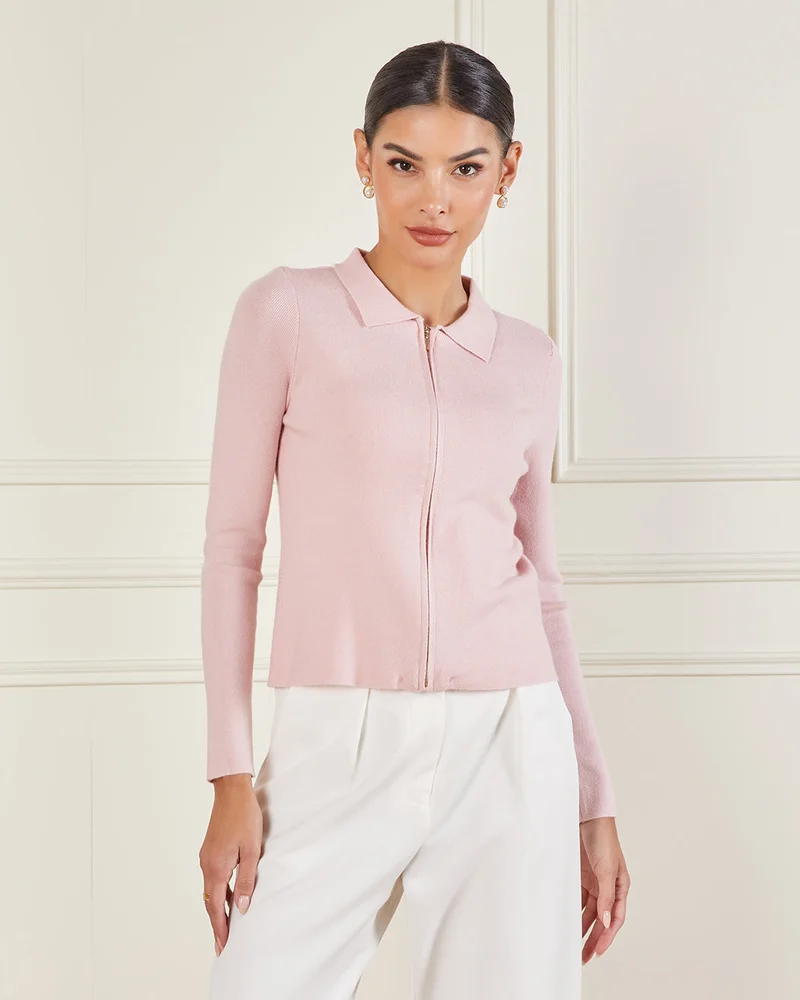 ردتاغ Women Pink Collared Zipper Front Top