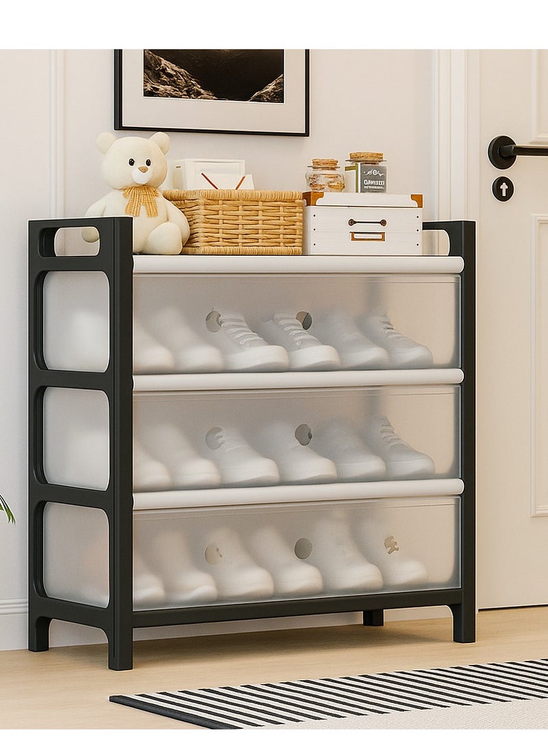 منظم رفوف الأحذية البلاستيكية القابلة للتكديس من 4 طبقات من FFD - رف أحذية قائم بذاته يتسع لـ 16 زوجًا، إطار معدني مقوى، تخزين متعدد الغرف للأحذية والكتب والمزيد - Image 1