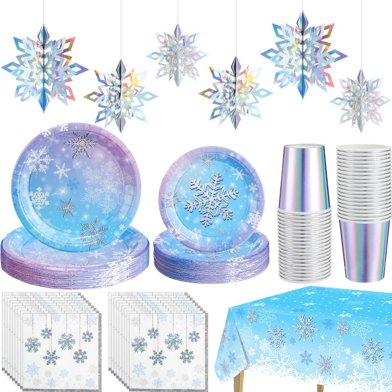 Uiifan Winter Snowflake Birthday Party Supplies Blue and Purple Wonderland Plates Tablecloth Napkins Laser Cups 3D Hanging Snowflakes Tableware Sets for Snowflake Party Decorations - Image 1