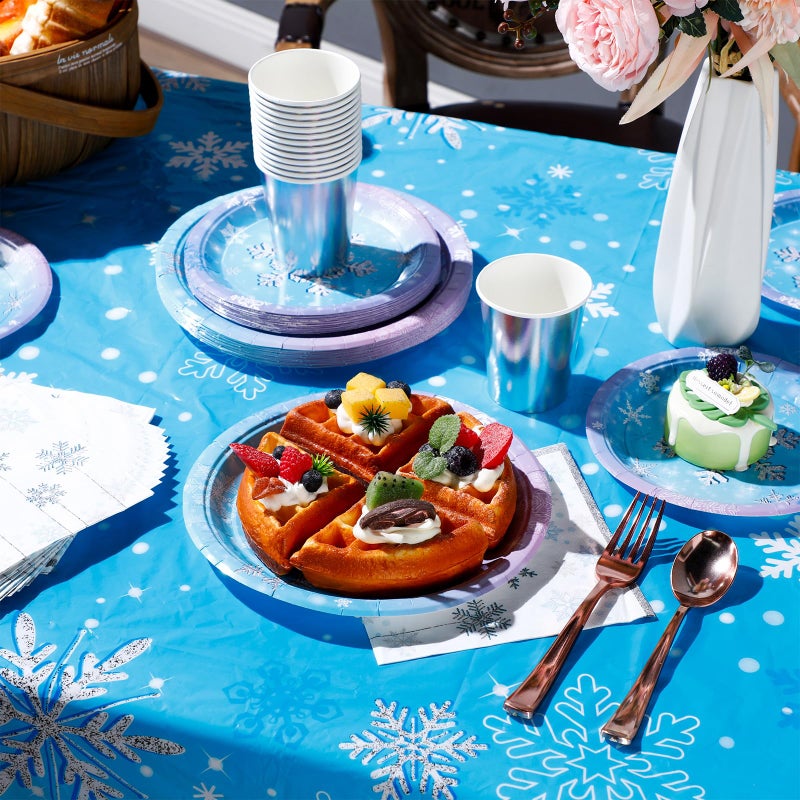 Uiifan Winter Snowflake Birthday Party Supplies Blue and Purple Wonderland Plates Tablecloth Napkins Laser Cups 3D Hanging Snowflakes Tableware Sets for Snowflake Party Decorations - Image 4