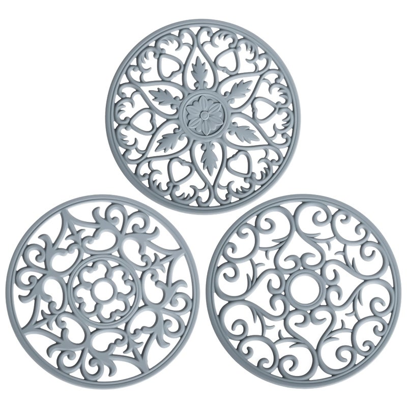 Smithcraft Silicone Trivets for Hot Dishes Pots  Pans Hot Pads for Kitchen NonStick Silicone Pot Holders Trivet Mat for Counter Carved Heat Resistant Mat Countertops Table Grey Set 3