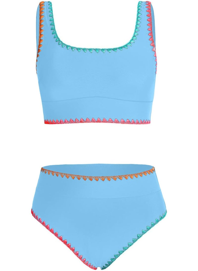 blibean Tween Girl Swimsuits Little Kids Girls Summer Swim Bathing Suits Teen Fashion Two Piece Bikini Boho Hawaii Swimwear Beach Sets Traje BaÃ±o NiÃ±as Size 8-9 Year Old Blue - Image 1