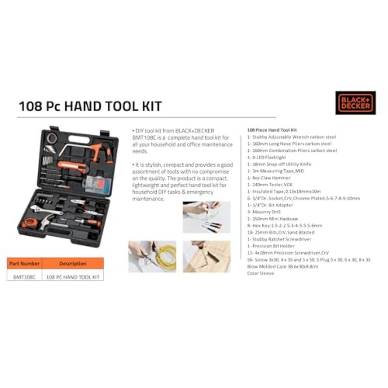 طقم أدوات يدوية بلاك اند ديكر BMT108C مكون من 108 قطعة للمنزل والمكتب، برتقالي أسود - Image 5