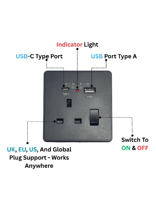 Matt Black Universal Wall Power Socket with USB & Type-C Fast Charging (5V/3A, 9V/2A, 12V/1.5A) | 13A Switch with Indicator Light | Multi-Function Plug Socket | 30-Year Warranty  - Image 2