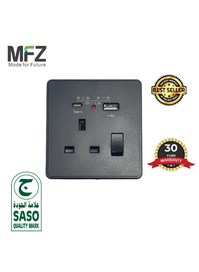 Matt Black Universal Wall Power Socket with USB & Type-C Fast Charging (5V/3A, 9V/2A, 12V/1.5A) | 13A Switch with Indicator Light | Multi-Function Plug Socket | 30-Year Warranty  - Image 1