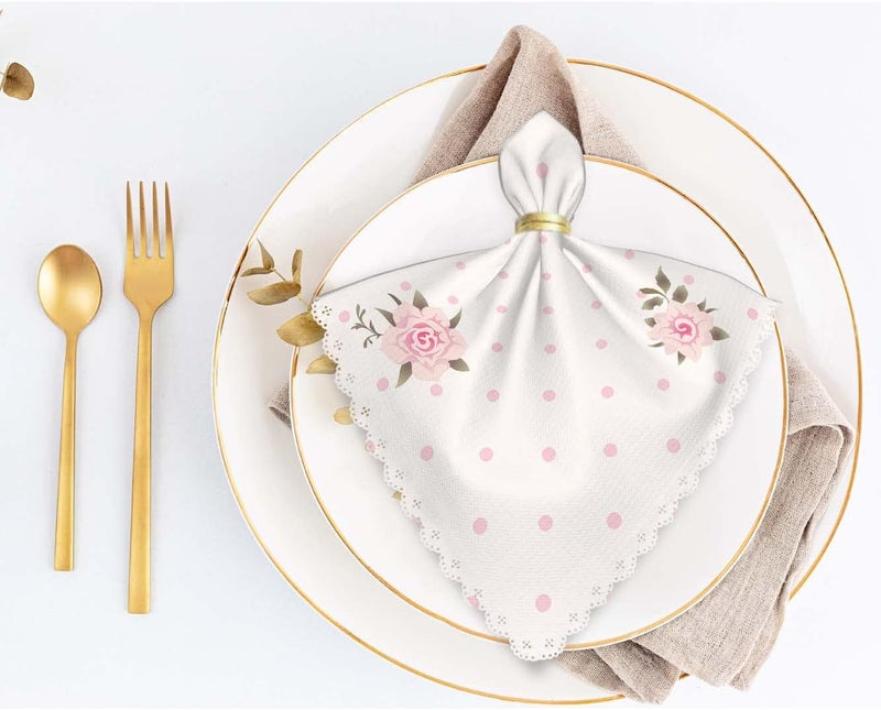 Yibeas Floral Polka Dot Background Cloth Napkins Dinner Table Napkins Shabby Chic Style Pattern with Pink Roses Washable Reusable Napkins Set of 4 Home Holiday Party Wedding - Image 5