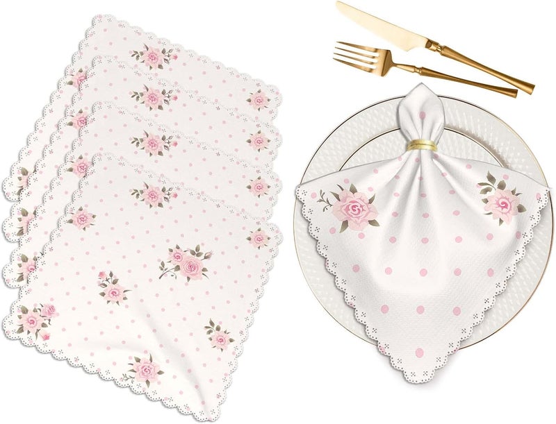 Yibeas Floral Polka Dot Background Cloth Napkins Dinner Table Napkins Shabby Chic Style Pattern with Pink Roses Washable Reusable Napkins Set of 4 Home Holiday Party Wedding - Image 1