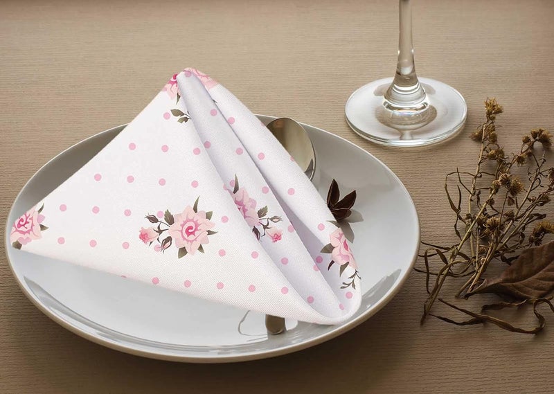 Yibeas Floral Polka Dot Background Cloth Napkins Dinner Table Napkins Shabby Chic Style Pattern with Pink Roses Washable Reusable Napkins Set of 4 Home Holiday Party Wedding - Image 3