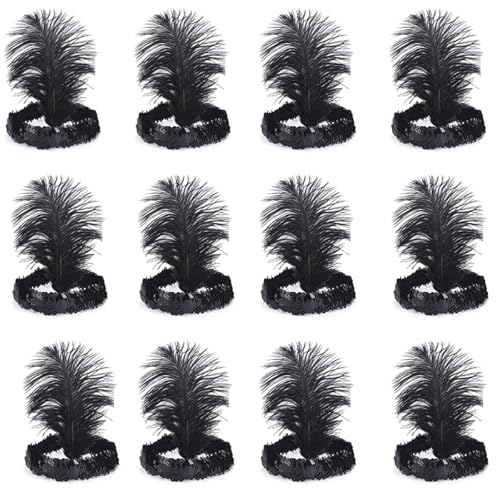 luckygift Sequins Feather Headpiece 1920s Carnival Party Accessory Party Feather Headband 12pcs (All black) - Image 1