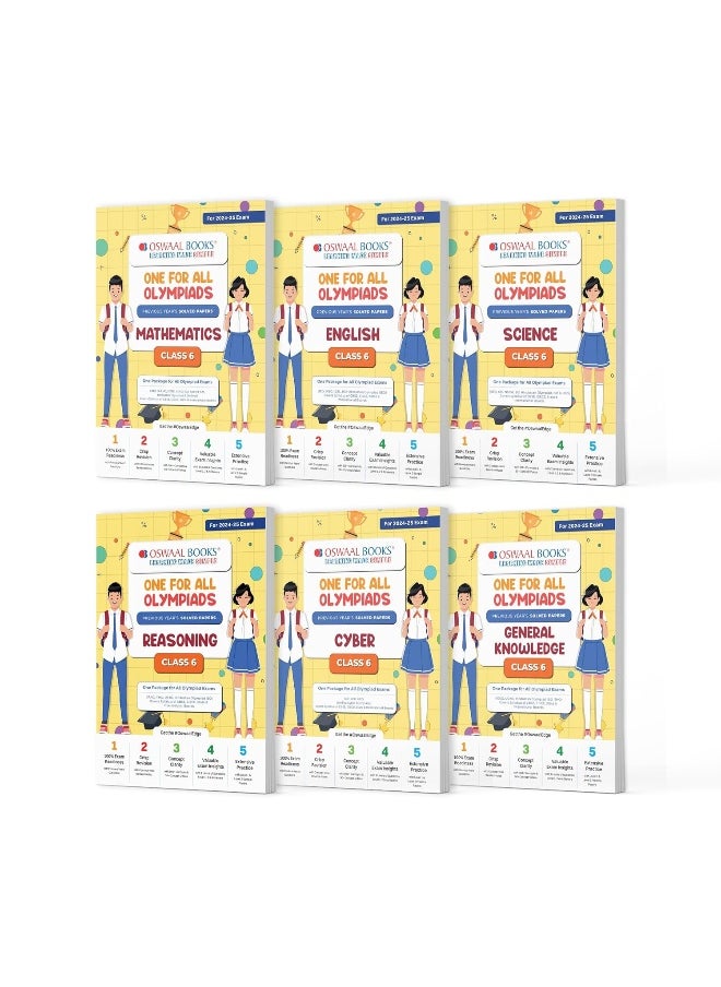 Oswaal One For All Olympiad Previous Years' Solved Papers Class 6 (Set of 6 Books) Maths, English, Science, Reasoning, Cyber & General Knowledge (For 2024-25 Exam)  - Image 1