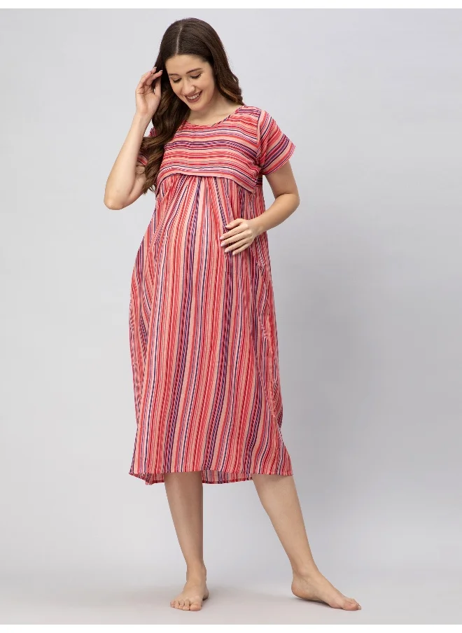 CEE 18 Pre & Post Maternity Wear - Nursing Nursing Nighty - Maxi with Zippers for Easy Feeding(Dreamy Pink)