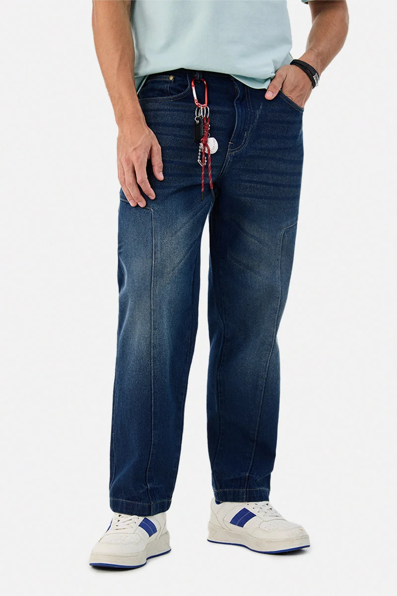 سنيتش Dark Blue Solid Wide Leg Casual Jeans