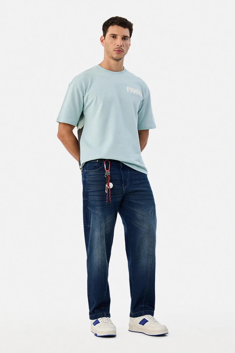 سنيتش Dark Blue Solid Wide Leg Casual Jeans