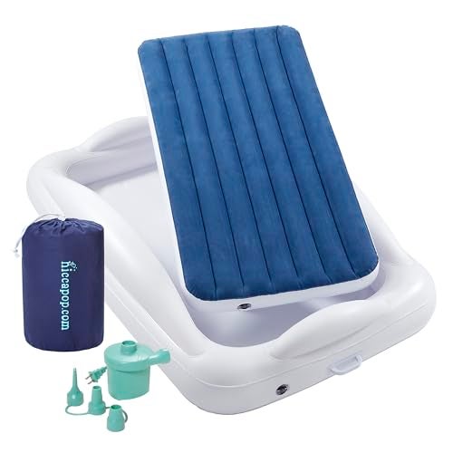 hiccapop Inflatable Toddler Travel Bed with Safety Bumpers [4-Sided] | Portable Toddler Bed for Kids | Toddler Air Mattress | Kids Air Mattress - Navy Blue - Image 1