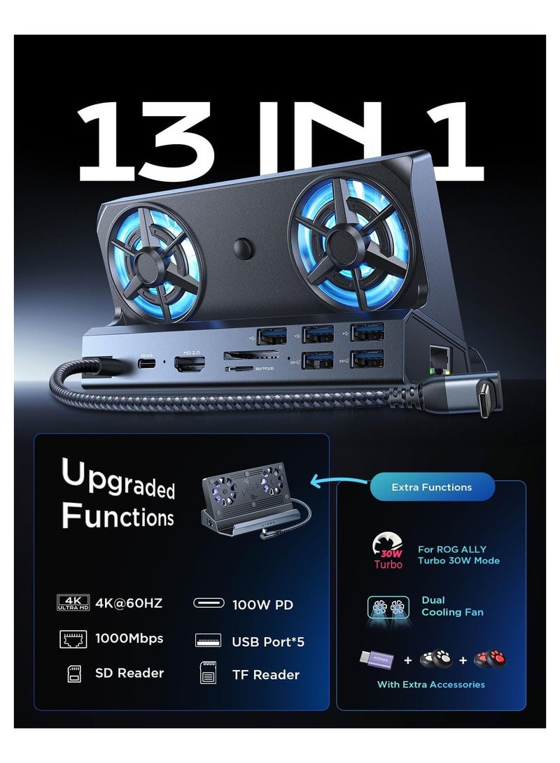 م.ا & ف'س قاعدة إرساء 13 في 1 لأجهزة Steam Deck OLED&ROG Ally X&Legion Go، مروحة تبريد مزدوجة 5 منافذ USB و4K@60 هرتز، منفذ شحن 100 واط يدعم وضع ROG Ally 30 واط، Gigabit Ethernet مناسب لـ Steam Deck OLED - Image 5