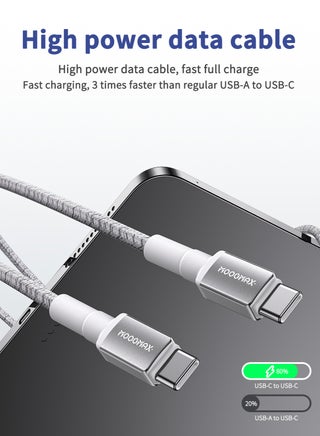 60W type c cable fast charger, 1 meter long. Type-C charging cable is made of cut-resistant, durable fabric. The type c cable supports all iPhones that support the Type-C port, Samsung devices, and other phones. The original cable type c is made of the finest copper for high conductivity and safety. data cable type c. Moogmax White charger cable. - view 2