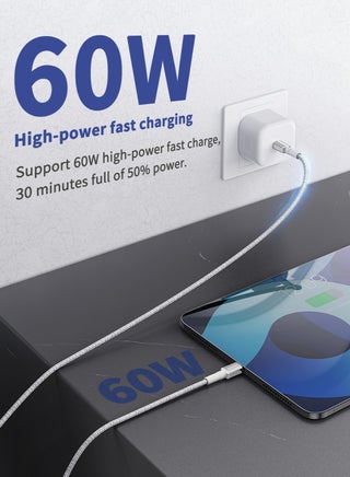 60W type c cable fast charger, 1 meter long. Type-C charging cable is made of cut-resistant, durable fabric. The type c cable supports all iPhones that support the Type-C port, Samsung devices, and other phones. The original cable type c is made of the finest copper for high conductivity and safety. data cable type c. Moogmax White charger cable. - view 5