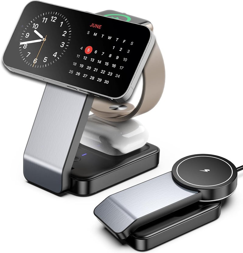 محطة شحن مغناطيسية، شاحن لاسلكي لحامل الشحن المغناطيسي لأجهزة iPhone 17/16/15 Pro Max، محطة شحن لساعات iWatch 10/9/SE، شاحن مغناطيسي ثلاثي الوظائف قابل للطي مع إضاءة لسماعات Airpods Pro - Image 1