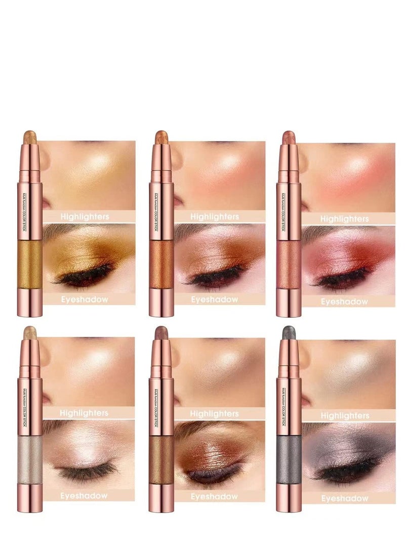 Eye Shadow Stick and Highlighter Makeup 2 in 1 Long Lasting 6 Colors Metallic Shimmer Cream Eyeshadow Stick & Highlighter Pencil Makeup Liquid Eye Shadow Pencils for Women (Pack of 6)
