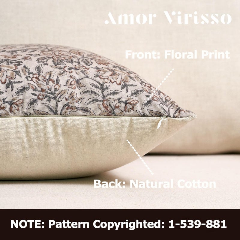 Amor Virisso Floral Throw Pillow Covers 12 x 20 Set of 2 Vintage Block Print Pillow Covers Decorative Pillow Covers Couch Pillows for Living Room Farmhouse Accent Sofa Pillows, Green/Sand - Image 2