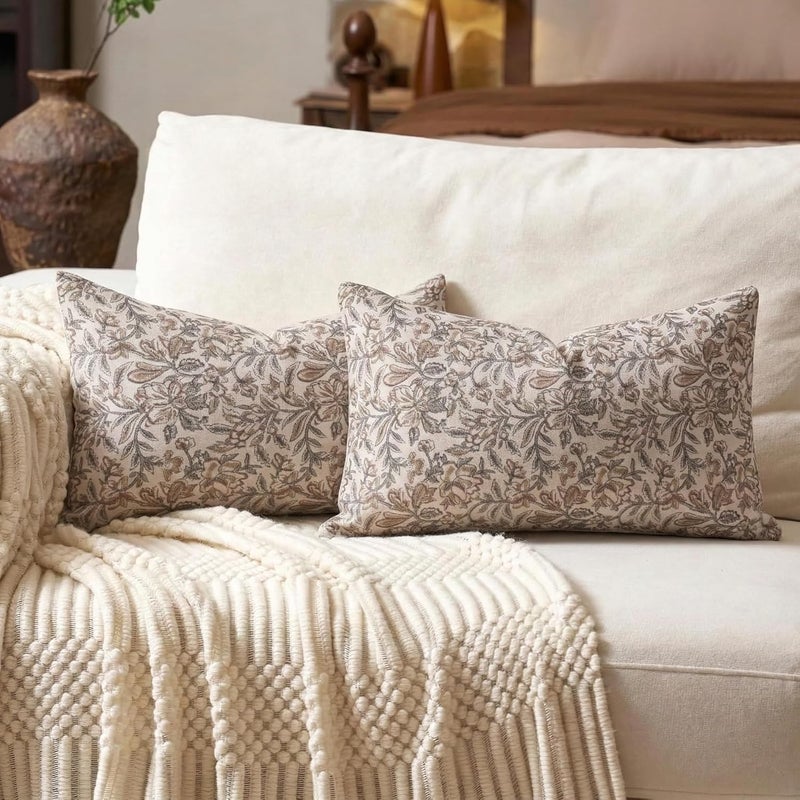 Amor Virisso Floral Throw Pillow Covers 12 x 20 Set of 2 Vintage Block Print Pillow Covers Decorative Pillow Covers Couch Pillows for Living Room Farmhouse Accent Sofa Pillows, Green/Sand - Image 1