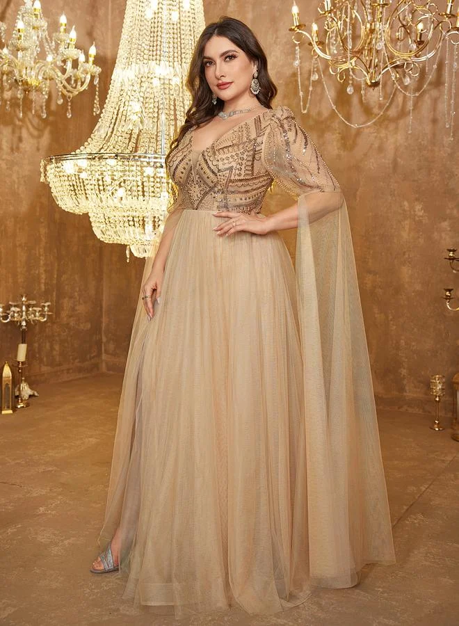 Supgir Plus Size Gold Cape Sleeves Tulle Embellished A-Line Maxi Dress