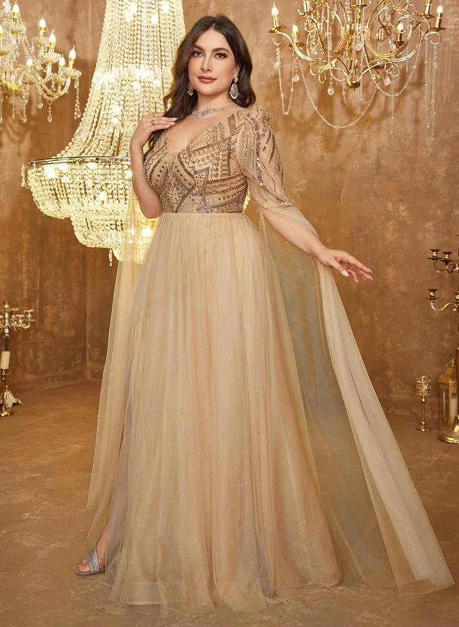 Supgir Plus Size Gold Cape Sleeves Tulle Embellished A-Line Maxi Dress