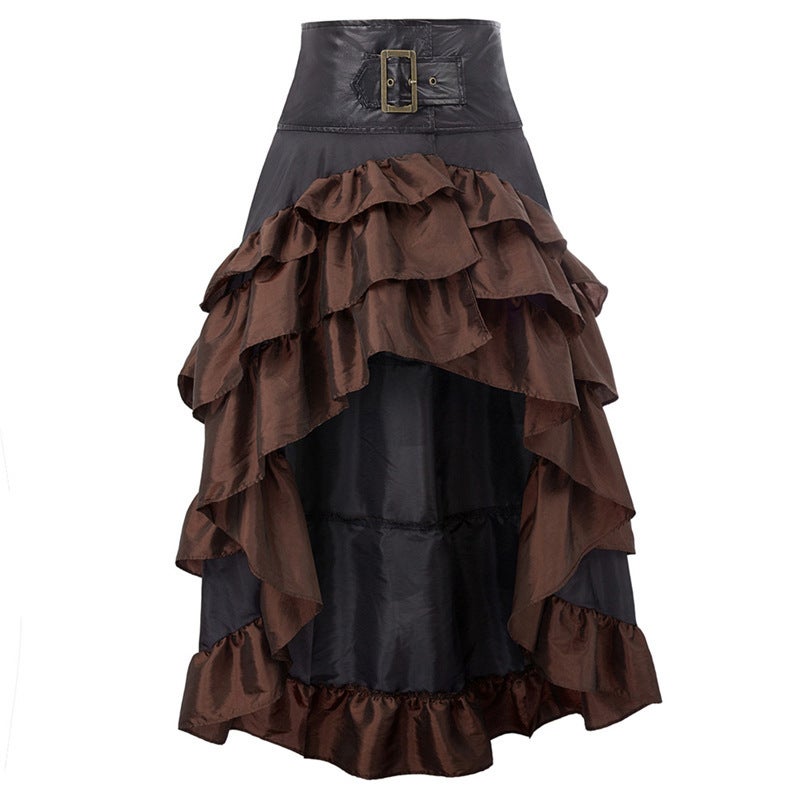 New Style Wish Retro Short Front Long Back Leather Vintage Brass Buckle Ruffle High-Waisted Patchwork Tiered Skirt - Image 4