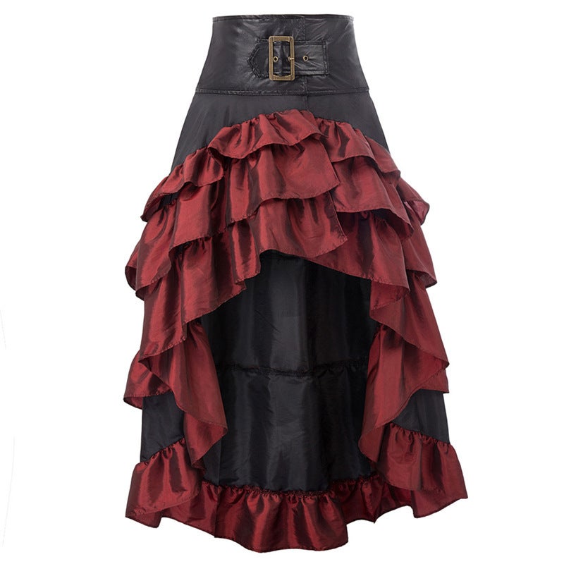New Style Wish Retro Short Front Long Back Leather Vintage Brass Buckle Ruffle High-Waisted Patchwork Tiered Skirt - Image 3