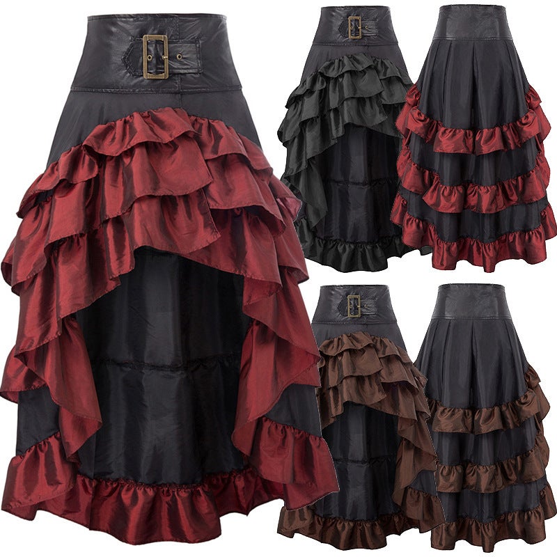 New Style Wish Retro Short Front Long Back Leather Vintage Brass Buckle Ruffle High-Waisted Patchwork Tiered Skirt - Image 2