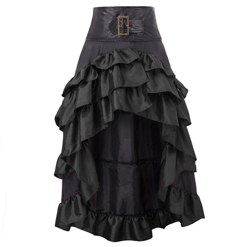 New Style Wish Retro Short Front Long Back Leather Vintage Brass Buckle Ruffle High-Waisted Patchwork Tiered Skirt - Image 1